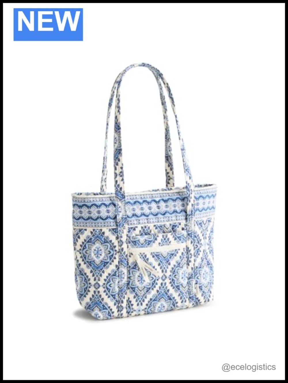Quilted Cotton Small Tote Bag with Zipper, Six Interior Pockets, Machine